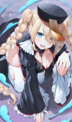  1girl absurdres all_fours blonde_hair blue_eyes braid breasts chinese_clothes cleavage hair_over_one_eye hat highres jiangshi large_breasts long_hair long_sleeves looking_at_viewer ofuda ofuda_on_head open_mouth original qingdai_guanmao smile solo talisman tassel thighhighs torn_clothes torn_thighhighs twin_braids white_thighhighs wide_sleeves yana_mori 
