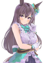  1girl absurdres animal_ears aqua_bow arms_under_breasts back_bow bare_shoulders blush bow breasts brown_hair center_frills closed_mouth commentary_request ear_bow frilled_shirt frills gloves hair_between_eyes hair_ornament hairclip highres horse_ears horse_girl long_hair looking_at_viewer medium_breasts mejiro_dober_(umamusume) purple_eyes shirt simple_background sleeveless sleeveless_shirt solo tsurubami_(gaad5227) umamusume upper_body white_background white_gloves white_shirt 