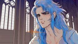  1boy artist_name blue_eyes blue_hair cathedral collarbone crying crying_with_eyes_open gemini_kanon highres long_hair neck notre_dame_de_paris open_clothes open_shirt pillar portrait saint_seiya signature streaming_tears suddhimagga tears window 