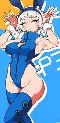 breasts brown_eyes cleavage cleavage_cutout clothing_cutout collar covered_erect_nipples elizabeth_(persona) grey_hair hair_ornament hairband leotard looking_at_viewer omura_zojiki persona persona_3 rabbit_ears rabbit_hair_ornament rabbit_tail smile thick_thighs thighhighs thighs urusei_yatsura wrist_cuffs