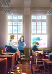 1boy 2girls :d absurdres arm_support bag black_eyes black_hair black_socks blue_bow blue_bowtie blue_jacket blue_skirt blue_sky blue_sweater bow bowtie brown_eyes brown_hair ceiling ceiling_light chair cherry_blossoms classroom closed_eyes cloud cloudy_sky crossed_legs full_body highres indoors jacket kimi_no_suizou_wo_tabetai lee_si-min long_sleeves looking_at_another multiple_girls official_art open_mouth scan school_uniform shiga_haruki shirt short_hair shoulder_bag sitting skirt sky smile socks sweater table takimoto_kyouko watch white_footwear white_shirt window wristwatch yamauchi_sakura