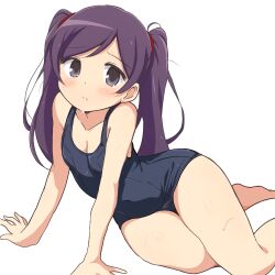  1girl arm_support barefoot blush breasts character_name cleavage covered_navel feet grey_eyes hickey highres kurakuru legs long_hair looking_at_viewer mega_man_(series) mega_man_battle_network one-piece_swimsuit purple_hair shuko_kido_(mega_man) sitting small_breasts swimsuit thighs twintails wide_hips  rating:Sensitive score:7 user:spk