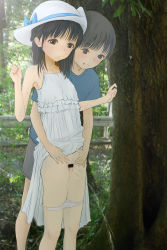  1boy 1girl absurdres assisted_peeing behind_tree breasts censored clothes_lift dress dress_lift highres loli open_mouth panties panty_pull peeing peeking_out pussy shota shy spread_pussy standing tempura_dozaemon underwear  rating:Explicit score:272 user:illegal_sucс