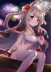 1girl :3 absurdres aerial_fireworks animal_ear_fluff animal_ears arm_support azur_lane backlighting bada_(jksh5056) bandaged_arm bandages black_cape blush breasts cape closed_mouth commentary_request dutch_angle fingernails fireworks flower hair_ribbon highres holding large_breasts light_brown_hair long_hair looking_at_viewer nail_polish navel pink_nails pleated_skirt purple_eyes red_flower red_skirt ribbon sarashi sitting skirt solo thick_eyebrows thighhighs two_side_up v-shaped_eyebrows white_flower white_thighhighs wolf_ears yuudachi_(azur_lane) yuudachi_(shogun_of_snowballs)_(azur_lane) rating:Sensitive score:18 user:danbooru