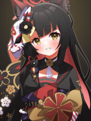 1girl absurdres animal_ear_fluff animal_ears black_hair black_kimono blue_archive blush colored_inner_hair floral_print fox_ears fox_mask halo highres japanese_clothes kimono long_hair long_sleeves looking_at_viewer mask multicolored_hair obi open_mouth petako_(ptpt_k) print_kimono red_hair red_halo sash smile solo upper_body wakamo_(blue_archive) wide_sleeves yellow_eyes rating:General score:2 user:danbooru