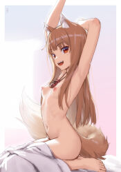 1girl animal_ears armpits arms_up barefoot blush breasts brown_hair completely_nude fang female_focus highres holo jewelry kawakami_rokkaku long_hair looking_at_viewer necklace nipples nude open_mouth pouch red_eyes revision sitting small_breasts smile solo spice_and_wolf stretching tail wariza wolf_ears wolf_girl wolf_tail rating:Questionable score:386 user:danbooru