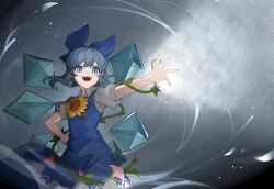  1girl absurdres blue_bow blue_dress blue_eyes blue_hair bow cirno detached_wings devilkillerx dress fairy fairy_wings flower frozen hair_bow highres ice ice_wings open_mouth pinafore_dress sleeveless sleeveless_dress solo touhou touhou_lost_branch_of_legend wings 