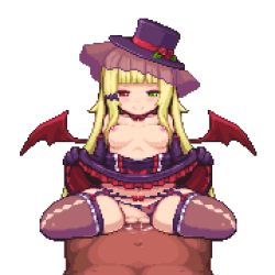 1boy 1girl animated animated_gif bat_wings black_panties blonde_hair blunt_bangs blush bouncing_breasts breasts clothing_aside cowgirl_position cum cum_in_pussy elbow_gloves fang fat fat_man garnet_(erokosei) girl_on_top gloves gothic_lolita green_eyes hat hetero heterochromia hip_focus loli lolita_fashion long_hair lowres navel nipples open_mouth original panties panties_aside penis pixel_art premature_ejaculation pussy red_eyes ribbon sb_(coco1) sex simple_background small_breasts smile spread_legs straddling thighhighs thighs topless torogao underwear vampire veil white_background wings rating:Explicit score:178 user:BlueBaroness