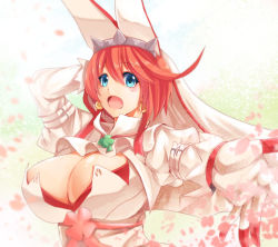  1girl :o ahoge blue_eyes bra breasts bridal_veil cleavage cleavage_cutout clothing_cutout clover ascot dress earrings elphelt_valentine female_focus four-leaf_clover gloves guilty_gear guilty_gear_xrd hairband jewelry large_breasts long_sleeves open_mouth puffy_long_sleeves puffy_sleeves red_bra ryuushou short_hair solo spikes underwear veil 