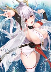  1girl absurdres armpits arms_up azur_lane breast_curtains breasts detached_sleeves dragon_girl dragon_horns dragon_tail from_side hair_on_horn highres horns large_breasts looking_at_viewer open_mouth red_eyes revealing_clothes ribbon-trimmed_clothes ribbon_trim shimanto_(azur_lane) sideboob smile solo tail thighhighs water white_hair white_thighhighs yanazawa_ko  rating:Sensitive score:5 user:danbooru