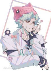  1boy absurdres artist_name bandaid bandaid_on_cheek bandaid_on_face bandaid_on_hand bandaid_on_nose barbell_piercing beanie black_nails black_shirt blue_hair bow candy chinese_commentary choker closed_mouth collarbone collared_jacket commentary_request dottore_(genshin_impact) ear_piercing earrings elbow_rest fingernails food frown genshin_impact hand_up hat head_rest heart highres holding holding_candy holding_food holding_lollipop industrial_piercing jacket jewelry lofter_username lollipop long_sleeves male_focus mojiuxuan multiple_rings nail_polish neck_ribbon on_shoulder parted_bangs piercing pink_bow pink_choker pink_hat pink_ribbon red_eyes ribbon ribbon_choker ring shirt short_hair simple_background sleeves_past_wrists solo star_(symbol) upper_body watermark white_background white_jacket wing_collar zipper_sleeves 