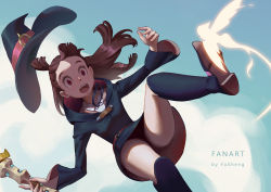 1girl absurdres artist_name asymmetrical_bangs backlighting blue_sky boots brown_hair day falling hat highres kagari_atsuko knee_boots little_witch_academia long_hair looking_at_viewer outdoors red_eyes school_uniform shiny_rod_(little_witch_academia) sky solo spoilers unworn_hat unworn_headwear wide-eyed witch witch_hat yusheng rating:Sensitive score:11 user:danbooru