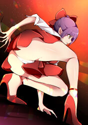  1girl absurdres anklet ass bow cameltoe commentary dress fingernails frown gegege_no_kitarou hair_bow high_heels highres jewelry long_sleeves looking_to_the_side mitsuki_tayura nekomusume nekomusume_(gegege_no_kitarou_6) open_mouth panties pantyshot pinafore_dress pointy_ears purple_hair red_bow red_dress red_footwear sharp_fingernails shirt short_dress short_hair sleeveless sleeveless_dress solo squatting sweatdrop underwear upskirt white_panties white_shirt yellow_eyes  rating:Sensitive score:20 user:danbooru