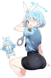  1girl absurdres alternate_costume angel_wings arona_(blue_archive) ass blue_archive blue_eyes blue_hair blue_shirt braid chain chibi chibi_inset cuffs hair_over_one_eye hairband halo handcuffs highres kandori looking_at_viewer multiple_views open_mouth pantylines police police_uniform policewoman shirt simple_background sitting skirt smile uniform white_background wings  rating:Sensitive score:71 user:danbooru