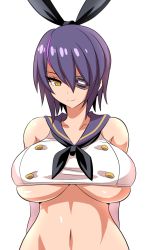 1girl arms_at_sides bare_shoulders breasts closed_mouth collarbone cosplay eyepatch hairband kantai_collection konno_tohiro large_breasts looking_at_viewer midriff navel no_bra purple_hair shimakaze_(kancolle)_(cosplay) shimakaze_(kancolle) short_hair skindentation sleeveless smile solo stomach tenryuu_(kancolle) tsurime underboob undersized_clothes upper_body yellow_eyes rating:Questionable score:61 user:danbooru