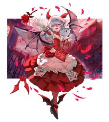  1girl alternate_costume alternate_hairstyle bat_wings blue_hair breasts chamaruk cleavage dress fang flower gloves hat hat_ribbon heart high_heels highres long_hair mob_cap red_dress red_eyes remilia_scarlet ribbon rose smile solo touhou wings 