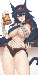  1girl :d absurdres animal_ears arknights beer_mug blaze_(arknights) blue_eyes blue_hair breasts cat_ears cat_tail choker commentary cowboy_shot criss-cross_halter cup fishnets groin hairband halterneck hand_up highres holding holding_cup large_breasts long_hair looking_at_viewer mug nargacuga_(armor) navel open_mouth radioneet red_hairband single_bare_shoulder smile solo standing stomach tail thighs white_background 