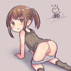  1girl aaaa ass bent_over brown_eyes brown_hair dress flat_chest loli looking_at_viewer panties panties_around_leg pussy socks solo stained_panties tagme underwear  rating:Explicit score:5 user:Soylent_weevil
