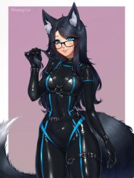  animal_ears black_hair blue_eyes bodysuit fox_ears fox_tail glasses harness latex latex_bodysuit long_hair original shiny_clothes skindentation smile strap tail w33ping_cat  rating:Questionable score:25 user:minoto-best-girl