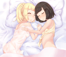  2girls bad_anatomy bare_shoulders bed_sheet blunt_bangs blush braid breasts brown_hair closed_eyes closed_mouth clothing_cutout covered_erect_nipples creatures_(company) from_above game_freak highres holding_hands interlocked_fingers lillie_(pokemon) long_hair lying multiple_girls nightgown nintendo nose_blush on_side open_mouth pillow pokemon pokemon_sm ponytail see-through selene_(pokemon) shirt shoulder_cutout sleeping sleeveless small_breasts smile tied_shirt yuno_(mioalice) yuri  rating:Questionable score:62 user:danbooru