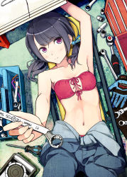  1girl ahoge allen_wrench arm_up armpits ayase_(ayasegiken) bandeau bare_shoulders bikini bikini_under_clothes black_hair blush box-end_wrench breasts breasts_apart car cleavage cleavage_cutout clothes_around_waist clothing_cutout collarbone cowboy_shot creeper_(tool) dutch_angle foreshortening from_above front-tie_top gloves hair_ornament holding jack_stand jumpsuit light_smile long_hair looking_at_viewer lying mechanic motor_vehicle my_pretty_tools narrow_waist navel on_back original outstretched_arm pliers product_placement purple_eyes red_bikini screwdriver shirt shirt_around_waist short_hair short_twintails smile snap-on socket socket_wrench solo swimsuit swimsuit_under_clothes toolbox twintails vehicle wrench  rating:Questionable score:64 user:danbooru