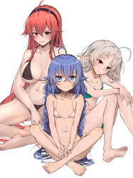  3girls ahoge ass bare_shoulders barefoot bikini black_bikini black_hairband blue_eyes blue_hair blush braid breasts cleavage closed_mouth collarbone elf eris_greyrat feet green_bikini grey_hair hair_between_eyes hairband indian_style knees_up large_breasts legs light_blush long_hair looking_at_viewer low_twintails multiple_girls mushoku_tensei nakatokung navel parted_bangs parted_lips pointy_ears red_eyes red_hair roxy_migurdia shadow sidelocks simple_background sitting skindentation small_breasts smile soles solo stomach swimsuit sylphiette_(mushoku_tensei) thick_eyebrows thighs toenails toes twin_braids twintails v-shaped_eyebrows very_long_hair wavy_mouth white_background white_bikini white_hair 