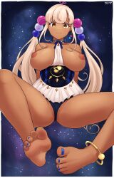  1girl anklet barefoot blonde_hair breasts breasts_out dark-skinned_female dark_skin efreezerarts feet highres hololive hololive_english jewelry long_hair looking_at_viewer nail_polish nipples smile soles toes tsukumo_sana twintails virtual_youtuber yellow_eyes  rating:Explicit score:49 user:ssfl