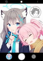  1boy 2girls ahoge animal_ear_fluff animal_ears black_jacket blazer blue_archive blue_archive_the_animation blue_eyes blue_halo blue_necktie blue_scarf blush closed_eyes cross_hair_ornament extra_ears fake_phone_screenshot fake_screenshot grey_hair hair_between_eyes hair_ornament halo highres hoshino_(blue_archive) hoshino_(swimsuit)_(blue_archive) jacket long_hair looking_at_viewer medium_hair mismatched_pupils multiple_girls necktie open_clothes open_jacket open_mouth pink_hair scarf sensei_(blue_archive) sensei_(blue_archive_the_animation) shiroko_(blue_archive) shirt twitter_username white_shirt wolf_ears xgao yellow_scarf 