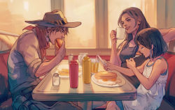  1boy 2girls ana_(overwatch) breasts brown_hair burger butter_knife captain_amari cassidy_(overwatch) cowboy_hat cup dark-skinned_female dark_skin drinking_straw eating egg egg_(food) facial_mark facial_tattoo food fork fried_egg hage2013 hair_tubes hat knife long_hair mother_and_daughter mug multiple_girls mustard overwatch overwatch_1 pancake parted_lips pharah_(overwatch) salt_shaker signature smile table tattoo aged_down  rating:Sensitive score:31 user:danbooru