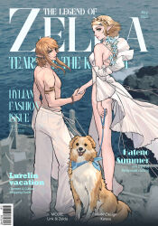  1boy 1girl armlet bare_shoulders blonde_hair bracelet couple cover dated detached_sleeves dog ear_piercing english_text fake_magazine_cover flower from_behind full_body highres holding holding_hands holding_leash jewelry kurokawa_karasu leash link looking_to_the_side magazine_cover medium_hair nintendo one-piece_swimsuit pants parted_lips piercing pointy_ears princess_zelda sarong shirt short_hair silent_princess standing swimsuit the_legend_of_zelda the_legend_of_zelda:_breath_of_the_wild the_legend_of_zelda:_tears_of_the_kingdom topless_male unworn_shirt water white_one-piece_swimsuit white_pants white_sarong white_shirt 