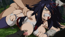 1girl 3boys angry black_hair blood blood_on_face blue_eyes bodysuit boku_no_hero_academia grabbing_another&#039;s_breast breasts clenched_hands clenched_teeth cuffs defeat domino_mask forest glaring grabbing grass handcuffs hetero injury jcm2 large_breasts long_hair lying mask midnight_(boku_no_hero_academia) multiple_boys nature nipples on_stomach outdoors rape sex sex_from_behind skin_tight solo_focus teeth thighhighs torn_clothes rating:Explicit score:782 user:danbooru