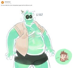  2boys bara big_belly colored_skin cowboy_shot doug_(monster_prom) english_text fat fat_man flying_sweatdrops green_skin have_to_pee highres male_focus monster_boy monster_prom multiple_boys nervous nifast_(greentail) object_through_head parted_lips scott_howl see-through short_shorts shorts slime_boy solo_focus sword_in_head tareme thick_eyebrows wolf_boy 