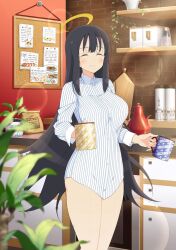  1girl ^_^ black_hair breasts brick_wall bulletin_board casual chest_of_drawers closed_eyes coffee coffee_mug container cup dirt halo highres holding holding_cup indoors kettle kitchen large_breasts lens_flare light_particles loaded_interior long_hair long_sleeves mug no_pants note official_art paper plant potted_plant pushpin ryouki_(senran_kagura) senran_kagura senran_kagura_estival_versus senran_kagura_new_wave shirt smile solo sparkle standing striped_clothes striped_shirt vertical-striped_clothes vertical-striped_shirt very_long_hair vines white_shirt yaegashi_nan 