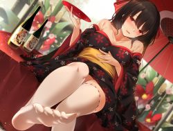 1girl bare_shoulders black_hair black_kimono blurry blurry_background blush bottle breasts collarbone commentary_request cup depth_of_field dutch_angle feet floral_print flower hair_between_eyes hand_on_own_stomach hand_up holding holding_cup japanese_clothes kimono long_sleeves looking_at_viewer new_year obi oil-paper_umbrella original parted_lips print_kimono red_eyes red_flower red_umbrella ribbon-trimmed_legwear ribbon_trim sakazuki sash small_breasts smile soles solo thighhighs toes toyosaki_shu umbrella white_thighhighs wide_sleeves rating:Questionable score:30 user:danbooru