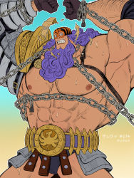  1boy abs angry arm_hair armor armpits arms_up bare_shoulders beard chain chained clenched_teeth cowboy_shot curly_hair curvy elbow_pads eye_mask facial_hair gloves harness highres jesus_burgess large_pectorals long_hair looking_at_viewer male_focus mask mature_male muscular muscular_male nipples one_piece pectorals purple_hair restrained shoulder_armor small_head solo spikes sweat teeth topless_male twitter_username v-shaped_eyebrows wrestling_mask youkan_(tako)  rating:Questionable score:3 user:danbooru
