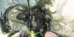  1girl arknights belt black_belt black_gloves black_jacket black_shorts black_sleeves chinese_commentary closed_mouth collared_jacket commentary_request cowboy_shot dandelion dragon_tail fingerless_gloves flower gavial_(arknights) gleam gloves green_hair green_nails green_tail hair_between_eyes high_collar highres jacket leather leather_jacket light_particles lips long_hair long_sleeves looking_at_viewer nail_polish open_clothes open_jacket pointy_ears ruins short_shorts shorts sitting smile solo sunlight tail very_long_hair white_background yellow_eyes yellow_flower yuziwen025 