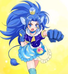  10s 1girl :o animal_ears blue_bow blue_eyes blue_gloves blue_hair blue_neckwear blue_shirt blue_skirt blue_thighhighs bow choker clenched_hand cowboy_shot crown cure_gelato earrings gloves jewelry kirakira_precure_a_la_mode layered_skirt lion_ears lion_tail long_hair magical_girl mini_crown open_mouth parted_bangs precure serious shirt simple_background single_thighhigh skirt solo tachibana_momoya tail tategami_aoi thighhighs white_skirt yellow_background 