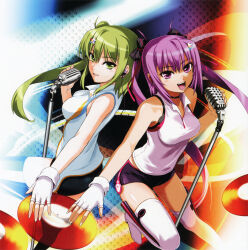  2girls absurdres bare_shoulders beatmania beatmania_iidx breasts goli_matsumoto green_eyes green_hair hair_between_eyes hair_ornament highres holding holding_microphone kitami_erika long_hair medium_breasts microphone mizushiro_celica multiple_girls official_art open_mouth outstretched_arm pink_eyes pink_hair record side_ponytail teeth thighs twintails 