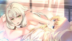  2girls blonde_hair blue_eyes breast_press breasts completely_nude elf gc3 goblin_slayer! green_eyes grey_hair high_elf_archer_(goblin_slayer!) highres indoors long_hair lying multiple_girls nipples nude on_back on_stomach open_mouth pointy_ears priestess_(goblin_slayer!) small_breasts straight_hair symmetrical_docking very_long_hair 