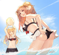  2girls :p ass back ball beach beachball bikini bikini_skirt black_bikini blonde_hair blush breasts day fuwafuwatoufu hair_flaps hair_ornament hairclip highres kantai_collection large_breasts light_brown_hair lips long_hair looking_at_viewer looking_back multiple_girls murasame_(kancolle) murasame_kai_ni_(kancolle) official_alternate_costume red_eyes ribbon sand scarf siblings signature sisters smile sunlight swimsuit tongue tongue_out two_side_up water white_scarf yuudachi_(kancolle) yuudachi_kai_ni_(kancolle) 