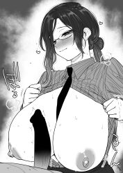  1boy 1girl absurdres between_breasts blush breasts breasts_apart breasts_out censored collared_shirt curvy dress_shirt erection greyscale hair_between_eyes hanging_breasts hetero highres huge_breasts imminent_paizuri kaiman_garupan large_areolae long_hair looking_at_penis mature_female monochrome necktie necktie_between_breasts nijisanji nipples no_bra nude official_alternate_costume open_clothes open_shirt paizuri_invitation penis puffy_nipples sagging_breasts semi-rimless_eyewear shirayuki_tomoe shirt simple_background smile steaming_body sweat twitching_penis unbuttoned unbuttoned_shirt upper_body virtual_youtuber 