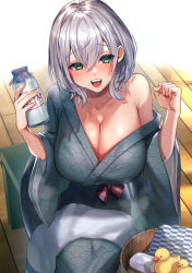  1girl :d absurdres bare_shoulders bottle breasts comichipota commentary_request green_eyes grey_kimono hair_between_eyes highres holding holding_bottle hololive japanese_clothes kimono large_breasts off_shoulder open_mouth shirogane_noel short_hair silver_hair smile solo virtual_youtuber yukata  rating:Questionable score:66 user:danbooru