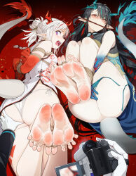  2girls absurdres arknights ass barefoot bdsm bondage bound bound_arms bound_feet bound_toes china_dress chinese_clothes dark_haired_kappa disgust dress feet foot_focus hao_guangze_yu highres looking_back mouth_hold multiple_girls nian_(arknights) on_ground open_mouth pale_skin panties side-tie_panties soles tail toes underwear video_camera white_hair 