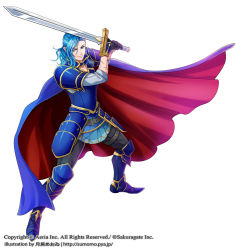  1boy armor bad_id bad_pixiv_id black_gloves blue_cape blue_eyes blue_footwear blue_hair cape cuts gloves greaves holding holding_sword holding_weapon injury long_hair looking_at_viewer male_focus official_art paranai red_cape scar sword watermark weapon wii_hola 