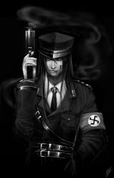  belt black_theme blood greyscale gun leather long_hair monochrome murder nazi necktie swastika weapon  rating:Sensitive score:8 user:CharredAnarchy96