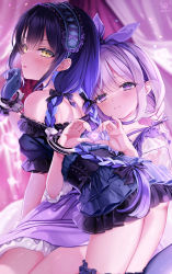  2girls absurdres black_ribbon blush bow_hairband braid closed_mouth cuffs frilled_hairband frills hair_ribbon hairband handcuffs heart heart-shaped_pupils heart_hands highres long_hair low_twin_braids multiple_girls original parted_lips purple_eyes purple_ribbon ribbon symbol-shaped_pupils twin_braids yellow_eyes yunmi_0527  rating:Sensitive score:6 user:danbooru