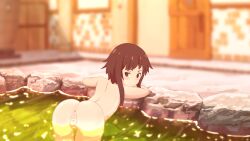  1girl anus arm_rest ass back bar_censor bent_over black_hair blush censored cleft_of_venus female_focus from_behind highres kono_subarashii_sekai_ni_shukufuku_wo! leaning_forward loli long_hair looking_at_viewer looking_back megumin onsen outdoors partially_submerged pointless_censoring pussy red_eyes sadieyule solo water  rating:Explicit score:472 user:FabricioDias