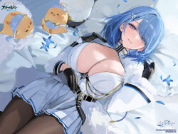 1girl animal azur_lane bed_sheet belt bird black_belt black_gloves black_pantyhose blue_hair blush breasts brown_pantyhose chain chapayev_(azur_lane) chick cleavage cleavage_cutout closed_mouth clothing_cutout copyright_name copyright_notice flower fur_trim gloves hair_ornament hair_over_one_eye hairclip half-closed_eyes hat highres jacket kandzume_(kandume200) large_breasts logo long_sleeves looking_at_viewer lying manjuu_(azur_lane) medium_hair military_hat miniskirt mole mole_on_breast non-web_source official_art on_back on_bed pantyhose peaked_cap petals pillow pleated_skirt purple_eyes skirt swept_bangs thighs unworn_hat unworn_headwear white_hat white_jacket white_skirt 