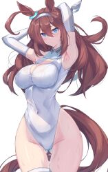  1girl :/ absurdres ahoge animal_ears armpits arms_behind_head arms_up bare_shoulders blue_eyes blush breasts brown_hair cleavage cleavage_cutout clothing_cutout collared_leotard covered_navel ear_ornament elbow_gloves gloves gluteal_fold hair_between_eyes hairband highleg highleg_leotard highres horse_ears horse_girl horse_tail large_breasts leotard long_hair looking_at_viewer mihono_bourbon_(umamusume) sleeveless_turtleneck_leotard solo sweat tail taut_leotard thigh_gap thighhighs thighs toned_female umamusume very_long_hair white_gloves white_leotard white_thighhighs yuuri_(sinjitu-no-yukue) 