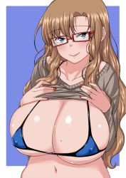  1girl ahoge bikini blue_bikini blue_eyes breasts brown_hair clothes_lift glasses huge_breasts jewelry komusou_(jinrikisha) lifting_own_clothes long_hair looking_at_viewer mature_female mole mole_on_breast ooba_minori&#039;s_mother original ring smile solo standing sweater sweater_lift swimsuit 